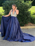 Halter Navy Blue Long Prom Dresses Beaded Backless Evening Dresses PFP0635