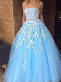 Cheap A-line Sky Blue Lace Appliqued Tulle Long Strapless Prom Dresses PFP0636