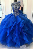 Royal Blue Organza High Neck Quinceanera Dresses Burgundy Beading Prom Dresses 