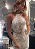 New Arrival Elegant Halter Mermaid Lace Sleeveless Wedding Dress with Sash PFW0058