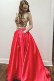 Two Pieces A Line Red Prom Dresses With Pockets, Halter Beaded Evening Dress