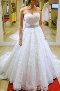 Sweetheart Strapless A-line Beading Belt Lace Wedding Dress Bridal Gown PFW0060