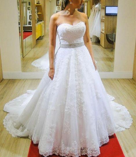 Sweetheart Strapless A-line Beading Belt Lace Wedding Dress Bridal Gow – Promfast
