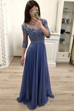 Chiffon A Line 3/4 Sleeves Beaded Blue Long Prom Dresses, Formal Party Dress