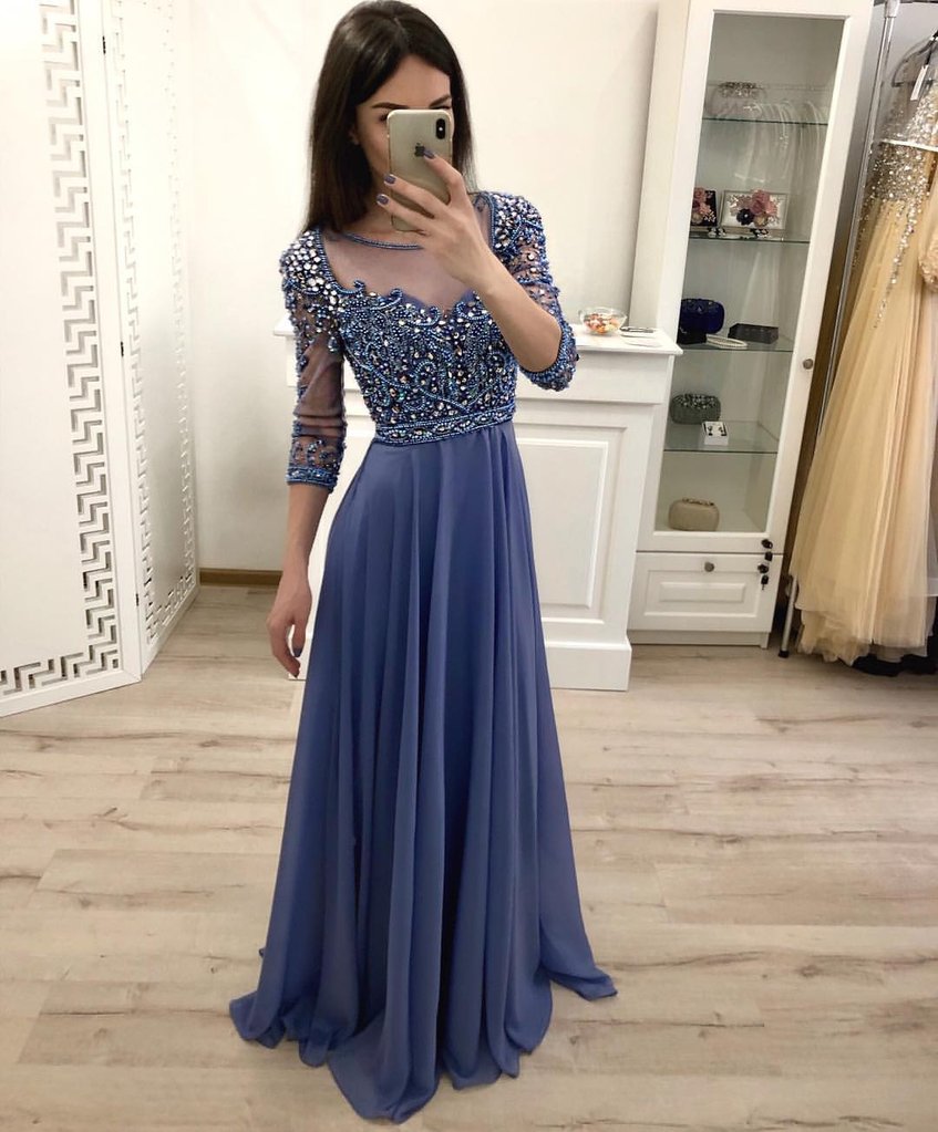 Chiffon A Line 3/4 Sleeves Beaded Blue Long Prom Dresses, Formal Party –  Promfast