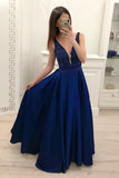 Royal Blue Beading A Line Satin Prom Dress, Cheap Long Evening Dresses