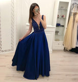 Royal Blue Beading A Line Satin Prom Dress, Cheap Long Evening Dresses PFP0642