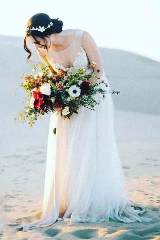 Boho A Line Lace Appliques Tulle Long Beach Wedding Dresses PFW0062