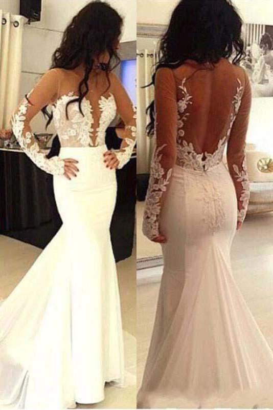 Beautiful Long Sleeves See Through Mermaid Lace Appliques Wedding Dresses With Trailing PFW0063