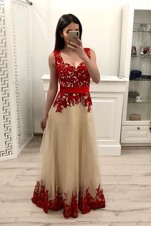 A Line Tulle Long Prom Dress With Red Appliques,Junior Party Prom Dresses