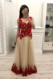 A Line Tulle Long Prom Dress With Red Appliques,Junior Party Prom Dresses