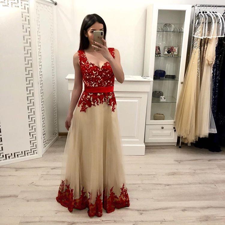 A Line Tulle Long Prom Dress With Red Appliques,Junior Party Prom Dres Promfast A Line Tulle Long Prom Dress With Red Appliques,Junior Party Prom Dres Promfast