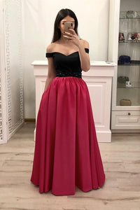 Hot Pink Satin Long Prom Gown With Pockets, Simple Beaded Evening Dresses With Black Top