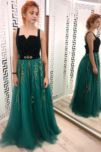 A Line Green and Black Tulle Prom Dresses, Charming Appliques Formal Dress