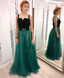 A Line Green and Black Tulle Prom Dresses, Charming Appliques Formal Dress PFP0646