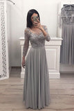 A Line Gray Chiffon Long Sleeves Prom Dresses, Cheap Appliques Evening Gown