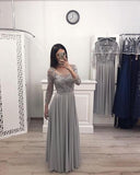 A Line Gray Chiffon Long Sleeves Prom Dresses, Cheap Appliques Evening Gown PFP0647