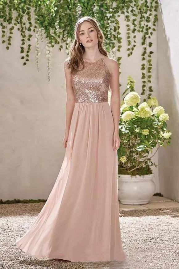 Rose Gold A Line Backless Bridesmaid Dresses,Sequins Chiffon Cheap Bea Promfast Rose Gold A Line Backless Bridesmaid Dresses,Sequins Chiffon Cheap Bea Promfast