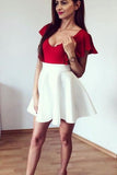 Deep V-Neck Sleeveless Off White Satin Short Homecoming Dress With Red Top PFH0045