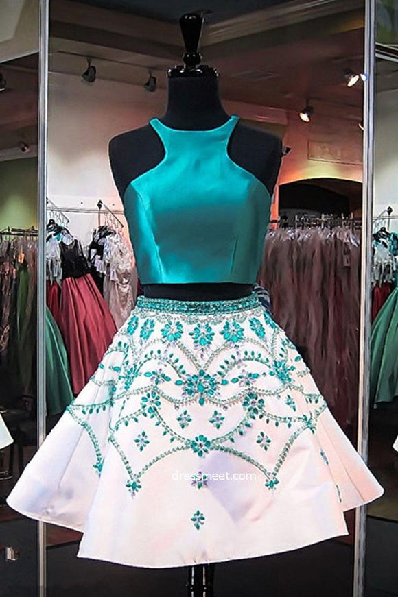 Cute A Line Two Piece Turquoise Short Homecoming Dresses with Beading PFH0046