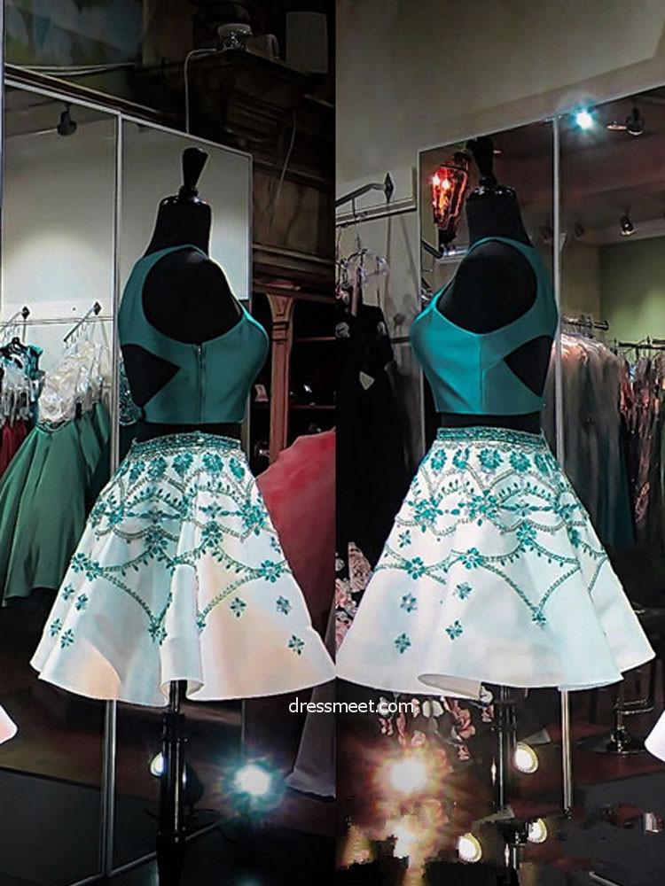 strapless open back dress Two Pieces Prom Dresses Applique Short Homecoming Dresses US16 / Red
