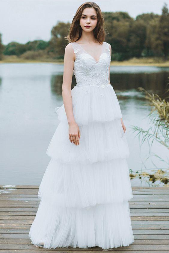 Unique Tiered Tulle Low Back V Beck Boho Beach Wedding Dress With Lace Promfast Unique Tiered Tulle Low Back V Beck Boho Beach Wedding Dress With Lace Promfast
