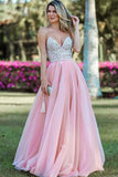 Pink A Line Spaghetti Strap Prom Dresses, Backless Beaded Evening Dress