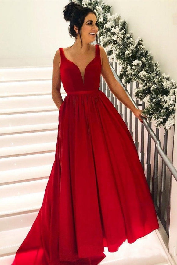 Simple Broad Straps Red Long Prom Dresses with Pocket V Neck Cheap Formal Dress