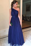 Royal Blue Tulle Long Prom Dresses One Shoulder Simple Bridesmaid Dress