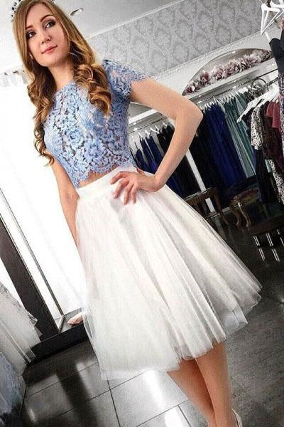 Two Piece Blue Lace Top Short Sleeves Tulle Homecoming Dresses PFH0049 Promfast Two Piece Blue Lace Top Short Sleeves Tulle Homecoming Dresses PFH0049 Promfast