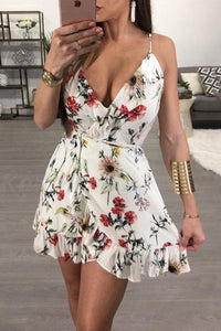Sexy A-Line Spaghetti Straps Short Floral Homecoming Dress with Ruffles PFH0050