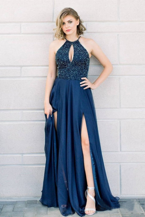 Halter Beaded Navy Blue Long Prom Dresses with Slit Elegant Formal Party Dress
