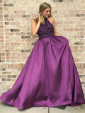 Halter Purple Long Satin Prom Dresses Beaded Junior Evening Gown 2019 PFP0653