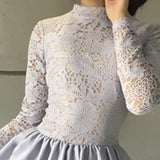 Cute A-Line Jewel Long Sleeves Grey Short Homecoming Dress with Lace Top PFH0052