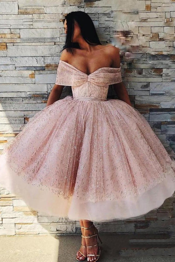 Off the Shoulder Sparkly Pink Tea Length Ball Gown Prom Dresses