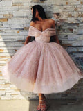 Off the Shoulder Sparkly Pink Tea Length Ball Gown Prom Dresses PFP0654