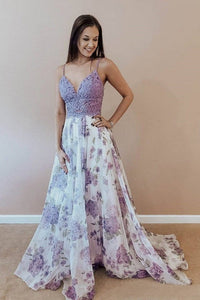 Lilac A Line Floral Boho Prom Dresses For Teens Spaghetti Strap Junior Prom Dress