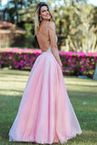 Pink A Line Spaghetti Strap Prom Dresses, Backless Beaded Evening Dress PFP0484