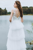 Unique Tiered Tulle Low Back V Beck Boho Beach Wedding Dress With Lace Appliques PFW0006