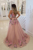 A Line Broad Strap Floral Appliqued Long Cheap Prom Dresses Evening Dress PFP0656