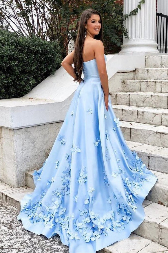 Sweetheart Sky Blue Long Satin Cheap Prom Dresses with 3D Floral Applique