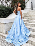 Sweetheart Sky Blue Long Satin Cheap Prom Dresses with 3D Floral Applique PFP0657