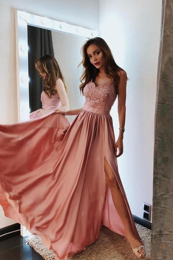 Pink V Neck Long Prom Dresses Lace Spaghetti Straps Prom Dress with Slit