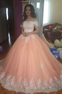 Off the Shoulder Lace Appliques Ball Gown Cheap Prom Dresses,Quinceanera Dresses