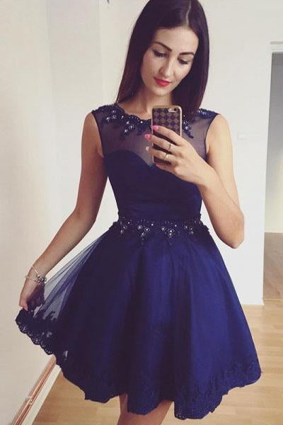 Royal Blue Beaded A-Line Tulle Short Homecoming Dress with Lace Appliques PFH0057