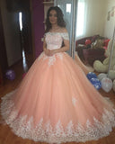 Off the Shoulder Lace Appliques Ball Gown Cheap Prom Dresses,Quinceanera Dresses PFP0660