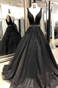 A Line Black Prom Dresses With Appliques, Formal Evening Dress PFP0485