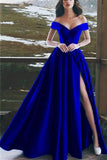 Elegant V-neck Off The Shoulder Long Satin Prom Dresses With Slit PFP0151