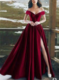 Elegant V-neck Off The Shoulder Long Satin Prom Dresses With Slit PFP0151