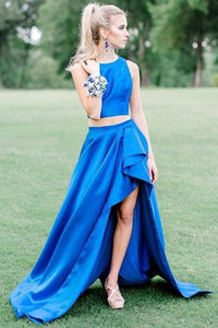 Two Pieces Royal Blue High Low Simple Prom Dresses 